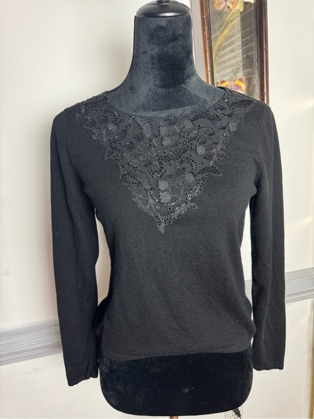 Talbots Black Crewneck Sweater with Lace Appliqué Detail